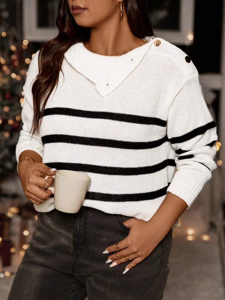 Plus Striped Pattern Button Detail Drop Shoulder Sweater Knit Pullover Fall Winter Sweater