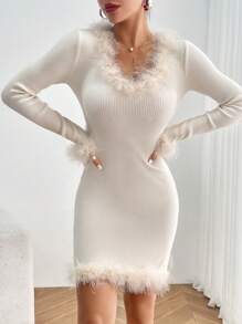 SHEIN Privé Fuzzy Trim Split Hem Sweater Dress - Apricot - View 5