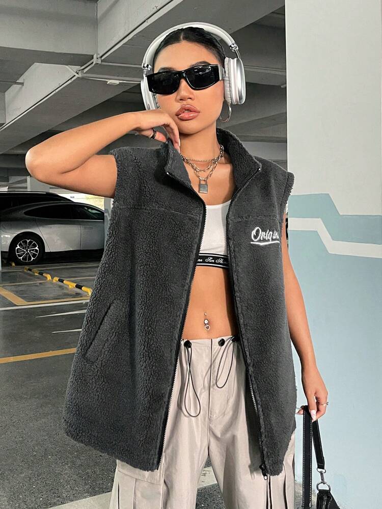 Letter Embroidery Zip Up Teddy Vest Coat Airport Look