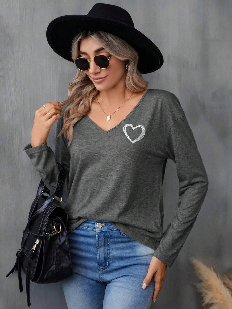 SHEIN LUNE In Trái tim Cổ v Áo thun - Màu xám đen - Xem 1