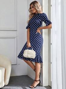 SHEIN Privé In vết tròn Polka tay áo lá sen Nàng tiên cá Hem Đầm - Xanh và trắng - Xem 6