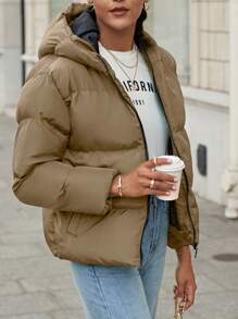 RueChic Zip Up Hooded Puffer Coat - Camel - View 1