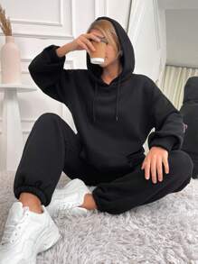 EURMUSE Car & Letter Graphic Drop Shoulder Hoodie & Sweatpants - Black - View 3