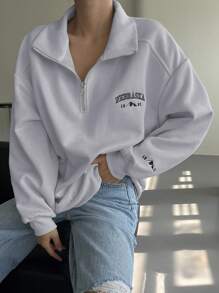 DAZY Thư thêu Một nửa khóa kéo Thả vai Áo nỉ - Màu Xám nhạt - Xem 1