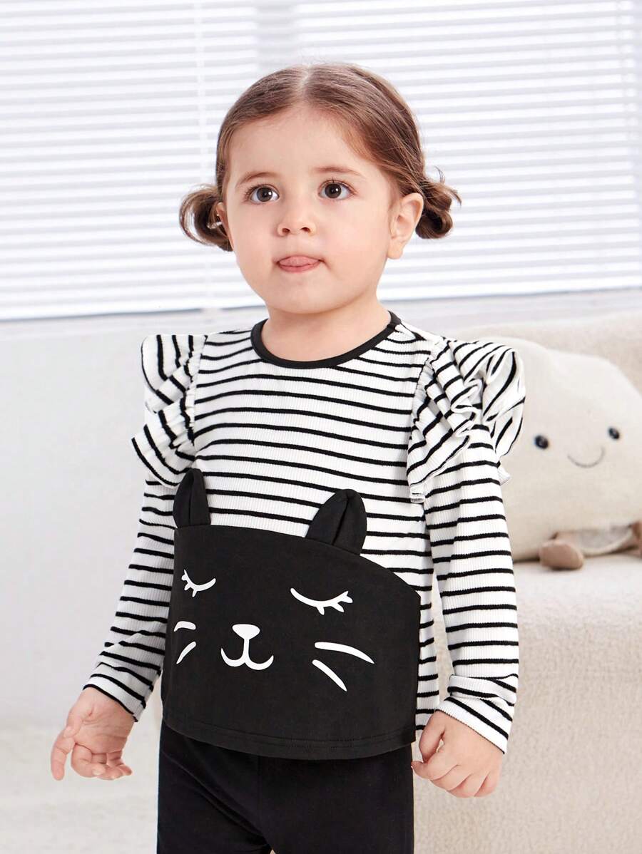 SHEIN Baby Girl Striped Print Ruffle Trim Cartoon Graphic Tee - Black and White - View 1