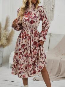 SHEIN Clasi Floral Print Flare Sleeve Ruffle Hem Dress - Multicolor - View 5