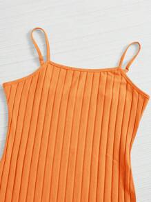 SHEIN EZwear 羅紋針織素色包臀連衣裙 - 橘色 - 查看 4