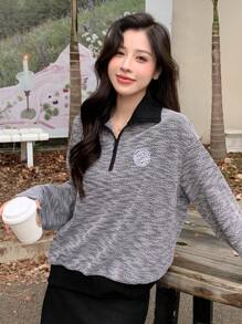 Dazy Star Graphic Print Drop Shoulder Marled Knit Sweatshirt,Fall Clothes - Black and White - View 8