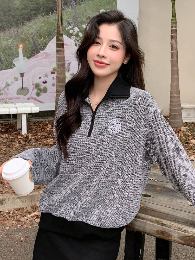 Graphic Print Drop Shoulder Marled Knit Sweatshirt,Fall Clothes