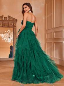 Vestido de novia romántico sin tirantes con falda de tul acampanada y volantes en capas - Perfecto para bodas clásicas, vestido de graduación, recepciones de gala de noche, atuendos de cumpleaños para mujeres, novia
