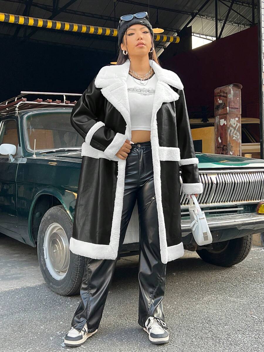 SHEIN EZwear 大碼毛絨內襯PU皮革開門襟外套 - 黑與白 - 查看 1