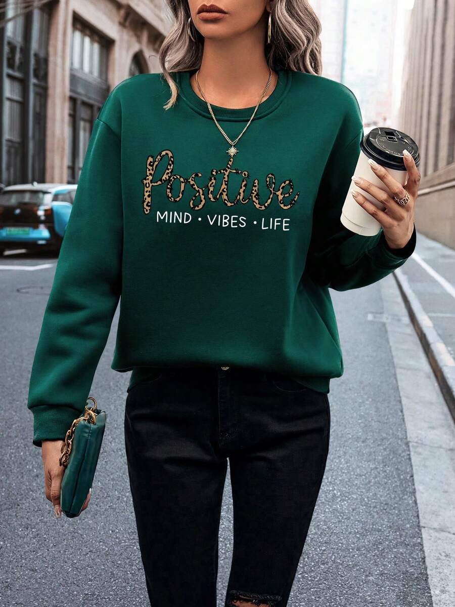 INAWLY Letter Graphic Drop Shoulder Sweatshirt - Dark Green - View 1