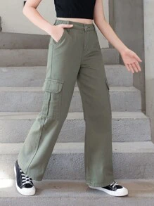 SHEIN Tween 女童休闲时尚洗水牛仔直筒牛仔裤 - 軍綠色 - 查看 5