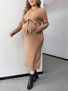 SHEIN 孕婦大碼前繫帶下擺開叉緊身洋裝 - 卡其色 - 查看 4
