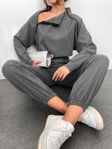 EURMUSE Women'S Stand Collar Raglan Sleeve Top And Pants Two Piece Set - Grey - View 2