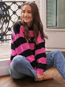 SHEIN Frenchy Mẫu sọc Thả vai Áo len - màu đen - Xem 4