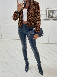 SHEIN Essnce In hoa Báo Dây kéo Áo khoác bomber - Cà phê nâu - Xem 7