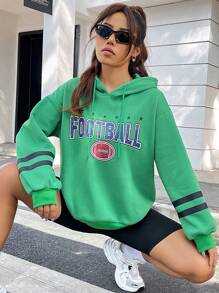 SHEIN Unity 字母圖案落肩袖抽繩連帽衫 - 綠色 - 查看 4
