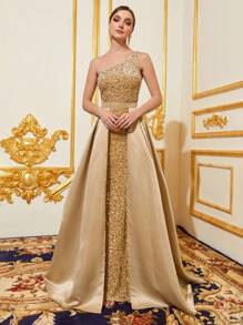 Faeriesty Asymmetrical Neck Contrast Sequin Formal Dress Elegant Prom Evening Wedding Guest Gown, For Graduation, Dinner Party Dress - Champagne - View 1