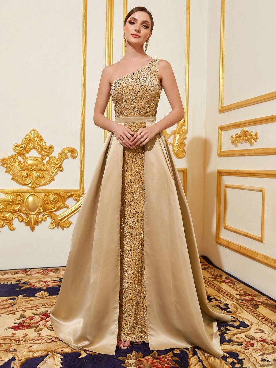 Faeriesty Asymmetrical Neck Contrast Sequin Formal Dress Elegant Prom Evening Wedding Guest Gown, For Graduation, Dinner Party Dress - Champagne - View 1