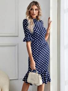 SHEIN Privé In vết tròn Polka tay áo lá sen Nàng tiên cá Hem Đầm - Xanh và trắng - Xem 4