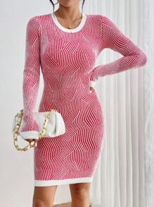 Chiquease Allover Pattern Contrast Trim Sweater Dress Fall Cloth For Women - Red - View 5