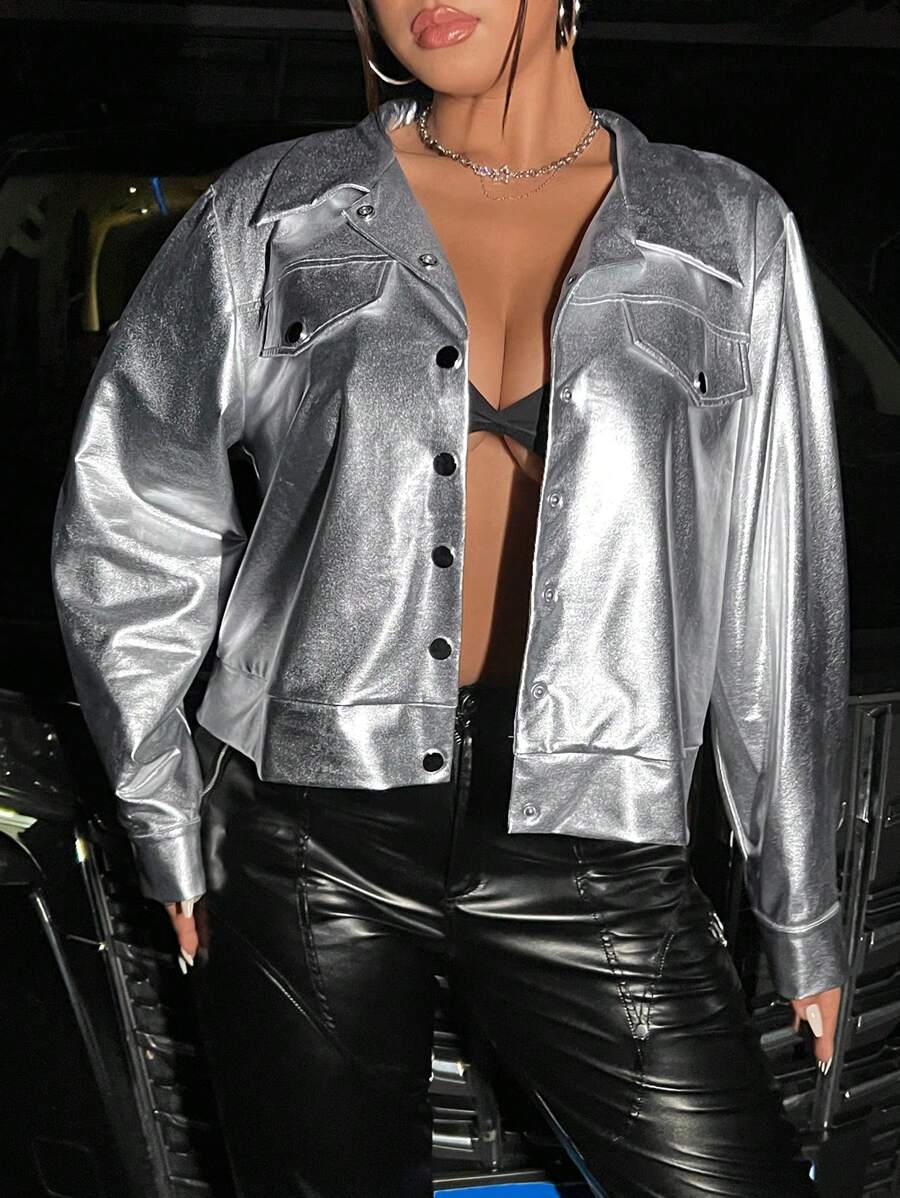 SHEIN ICON Plus Flap Detail Drop Shoulder Leather Look Jacket - Silver - View 1