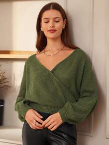 SHEIN Frenchy Quý cô tay cánh Bọc Áo len - Màu xanh Ô liu - Xem 4