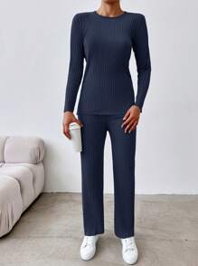 EURMUSE Women'S Ribbed Long Sleeve T-Shirt And Pants Two Piece Set - Navy Blue - View 4