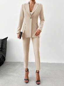 SHEIN Women's Solid Color Notch Lapel Suit Set With Long Coat And Pants - Beige - View 5