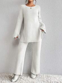 SHEIN Essnce 插肩袖下擺開叉套頭毛衣和針織褲 - 杏色 - 查看 1