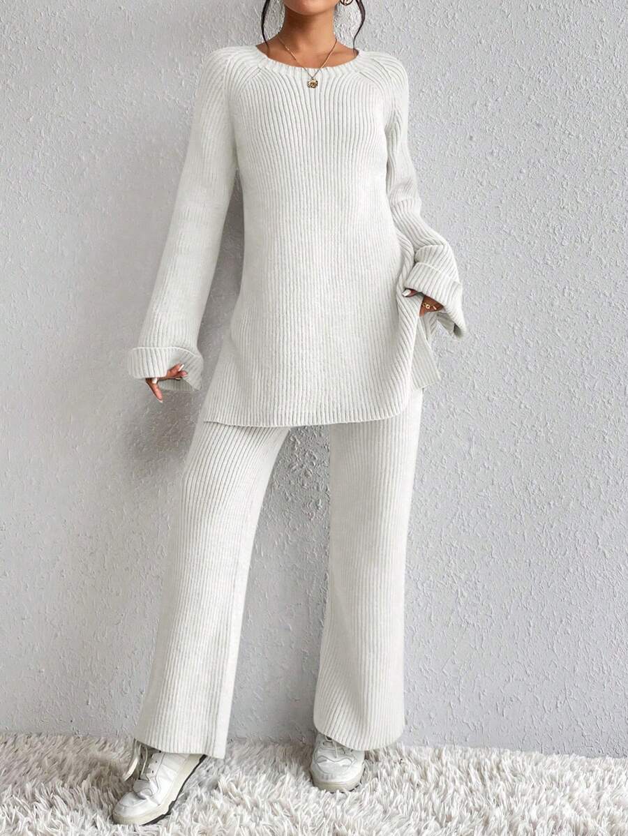 SHEIN Essnce 插肩袖下擺開叉套頭毛衣和針織褲 - 杏色 - 查看 1