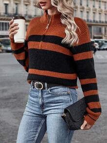 SHEIN Essnce 撞色前拉鍊落肩袖套頭毛衣 - 卡其色 - 查看 5