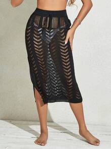 SHEIN Swim Hollow Out Split Thigh Cover Up Skirt Without Bikini Summer - Black - View 6