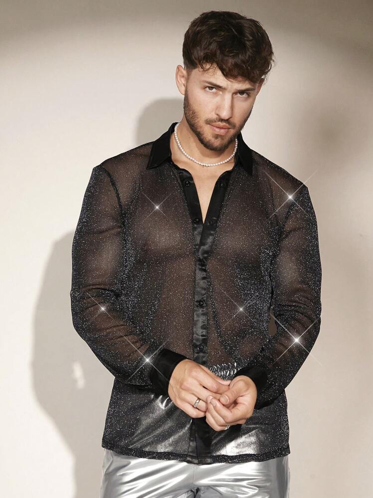 FeverCity Men Glitter Sheer Mesh Shirt - Black - View 5