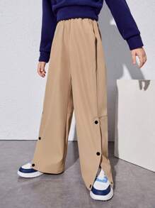 SHEIN 男大童字母圖案紐扣細節長褲 - 卡其色 - 查看 4