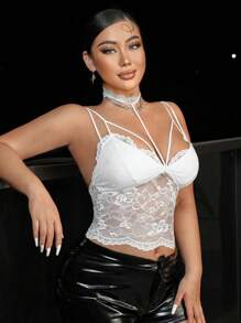 SHEIN SXY Top cu decolteu cu dantelă florală - alb - Vizualizare 5