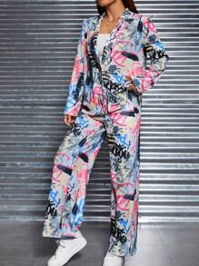 SHEIN PETITE 塗鴉印花翻領單釦西裝 - 彩色 - 查看 4