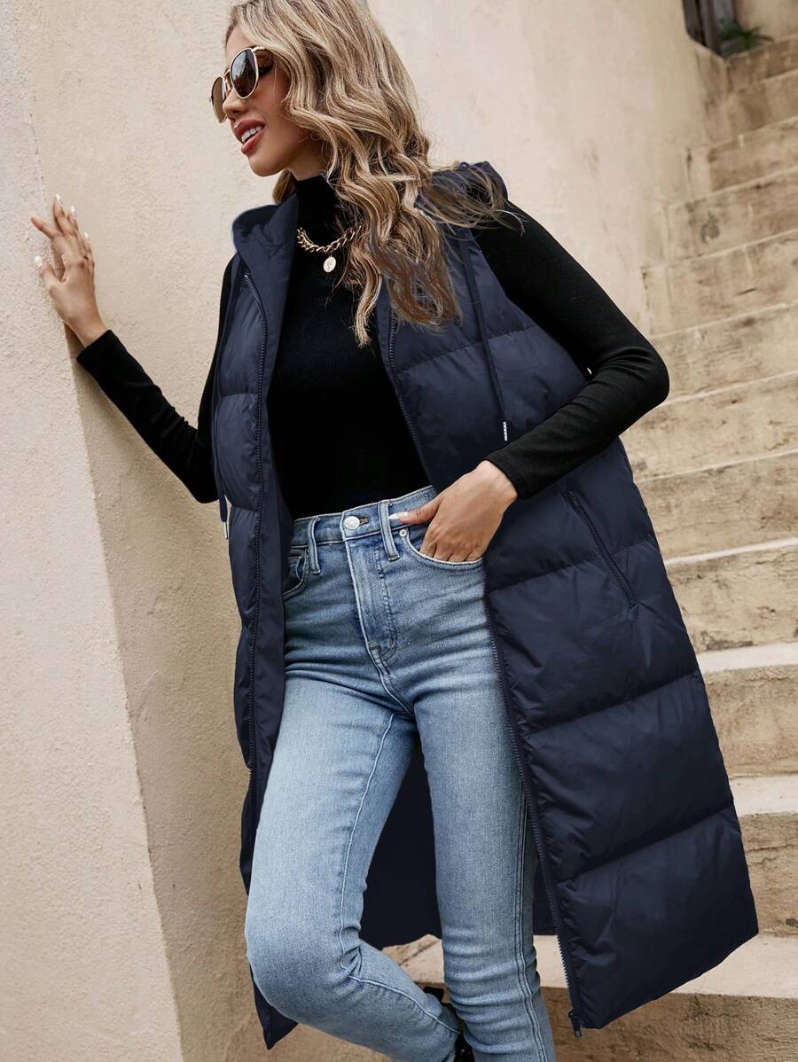 SHEIN Frenchy Solid Drawstring Hooded Puffer Vest Coat - Navy Blue - View 1