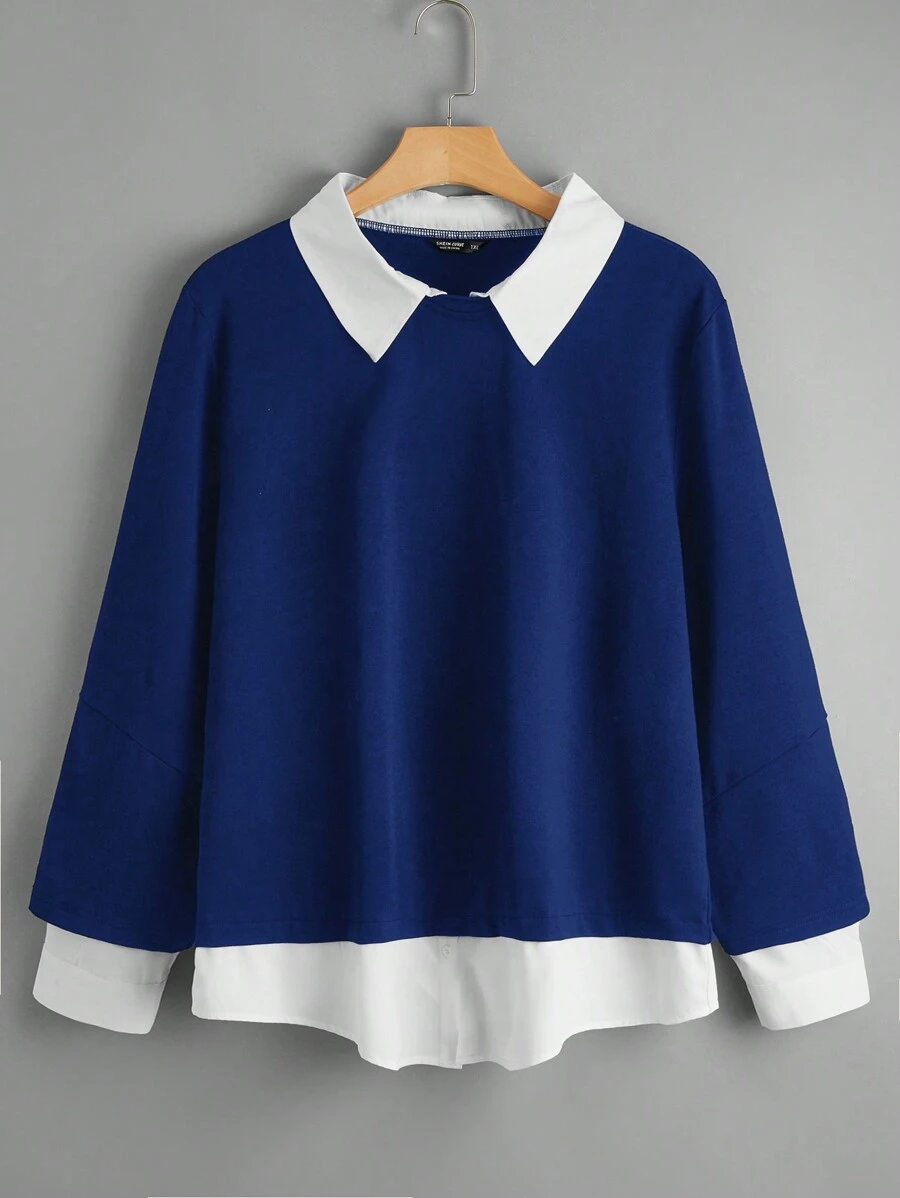 RueChic Plus Size Contrast Collar 2-in-1 Sweatshirt - Blue - View 1