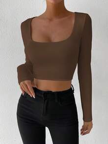 SHEIN Essnce 大圓領短款T恤 - 咖啡棕 - 查看 4