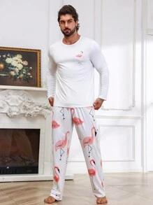 Men Flamingo Print PJ Set / Pajama Set - White - View 4