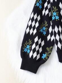 SHEIN Tween Girl Argyle & Floral Pattern Lantern Sleeve Cardigan - Black - View 7