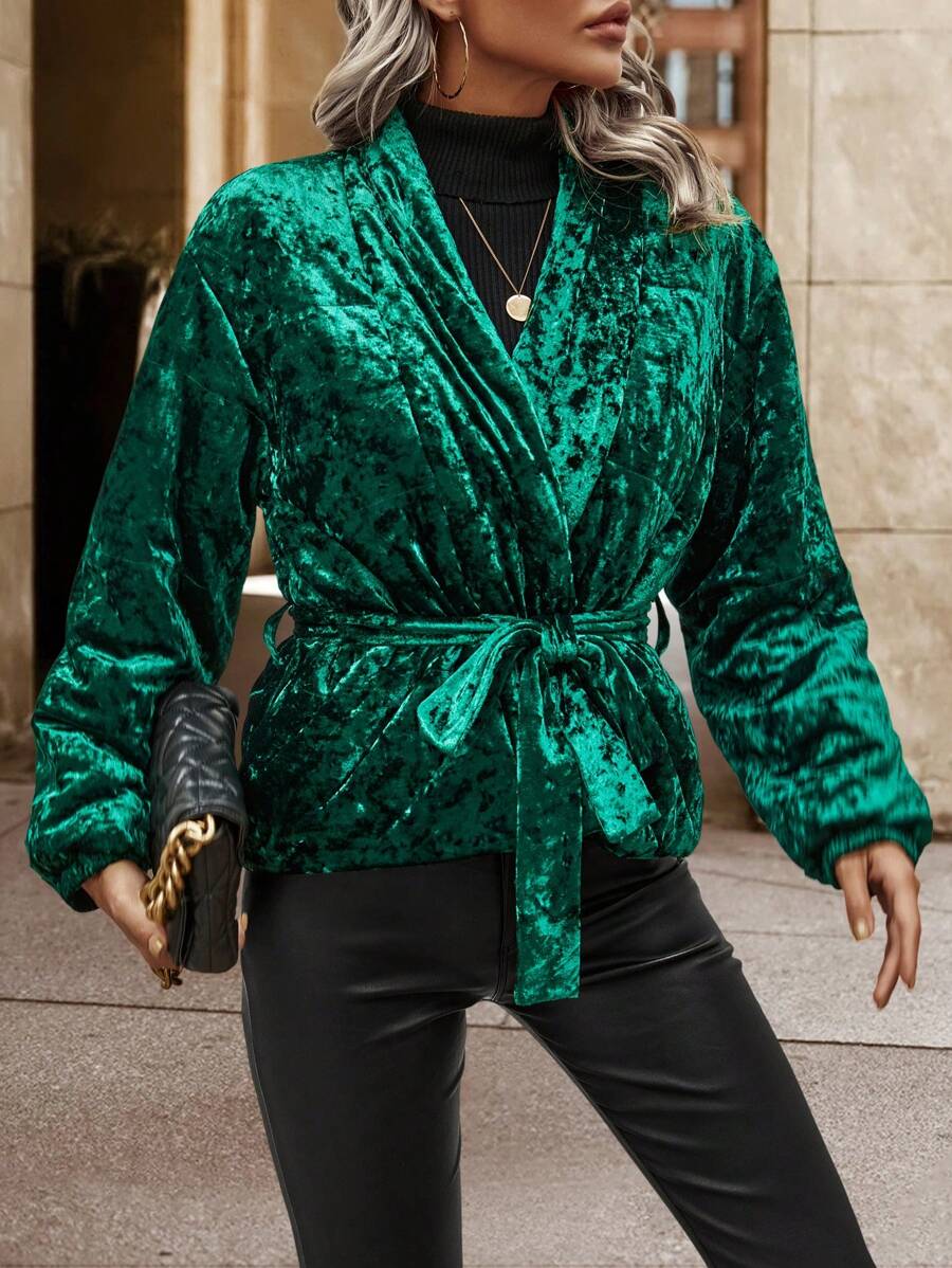 SHEIN LUNE Solid Belted Velour Padded Padded Coat Clothes Winter - Dark Green - View 1