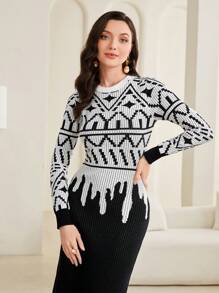 Modelyn Vestido De Suéter Ajustado Con Patrón Geométrico Para Mujer - Blanco y Negro - Ver 6
