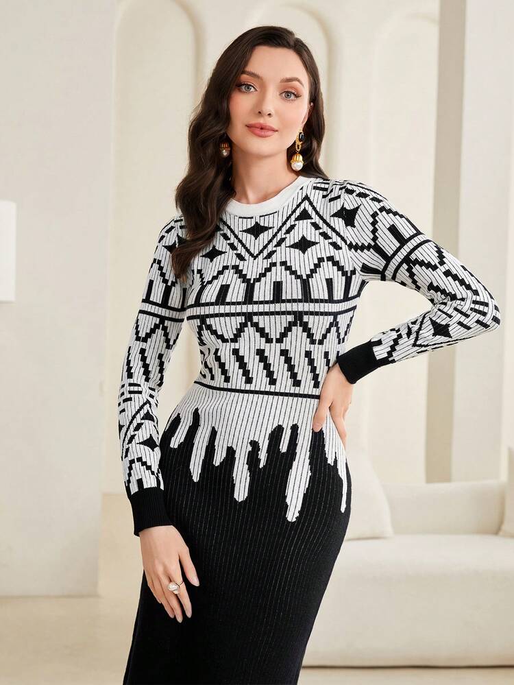 Women's Geometric Pattern Slim Fit Sweater Dress