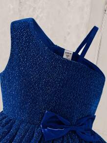 SHEIN Glamorique Kids 女小童不對稱領前蝴蝶結洋裝 - 藍色 - 查看 5