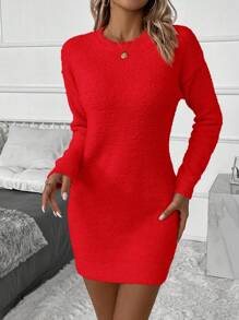 SHEIN Clasi Solid Drop Shoulder Sweater Dress - Red - View 6