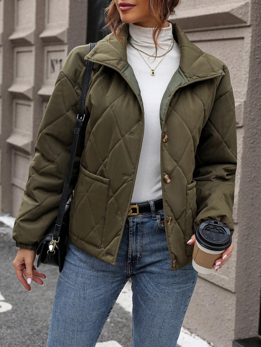 SHEIN LUNE Dual Pocket Drop Shoulder Quilted Padded Coat Clothes Winter - Army Green - View 1