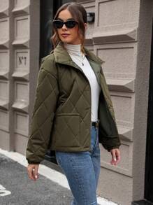 SHEIN LUNE Dual Pocket Drop Shoulder Quilted Padded Coat Clothes Winter - Army Green - View 5
